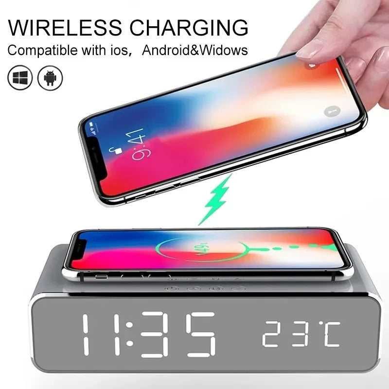 Wireless Charger Alarm Clock LED Digital Thermometer Earphone Phone Chargers Fast Charging Dock Station